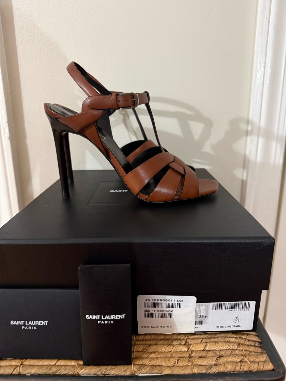 New Saint Laurent Tribute 105 Brown Woven Leather T-Strap Heel Sandal - Picture 4 of 6